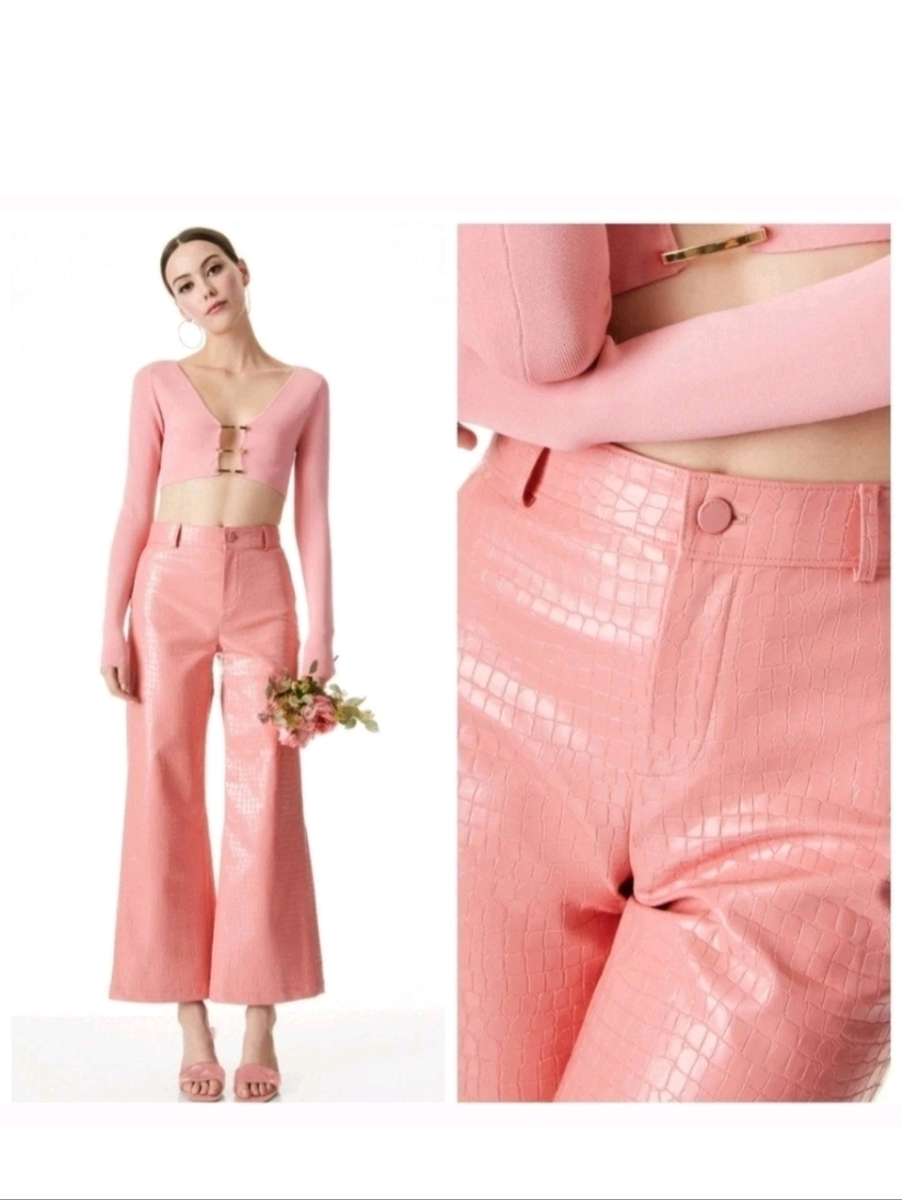 Alice + Olivia Pink Croc-Embossed Wide-Leg Pants Size 6 - Picture 5 of 13
